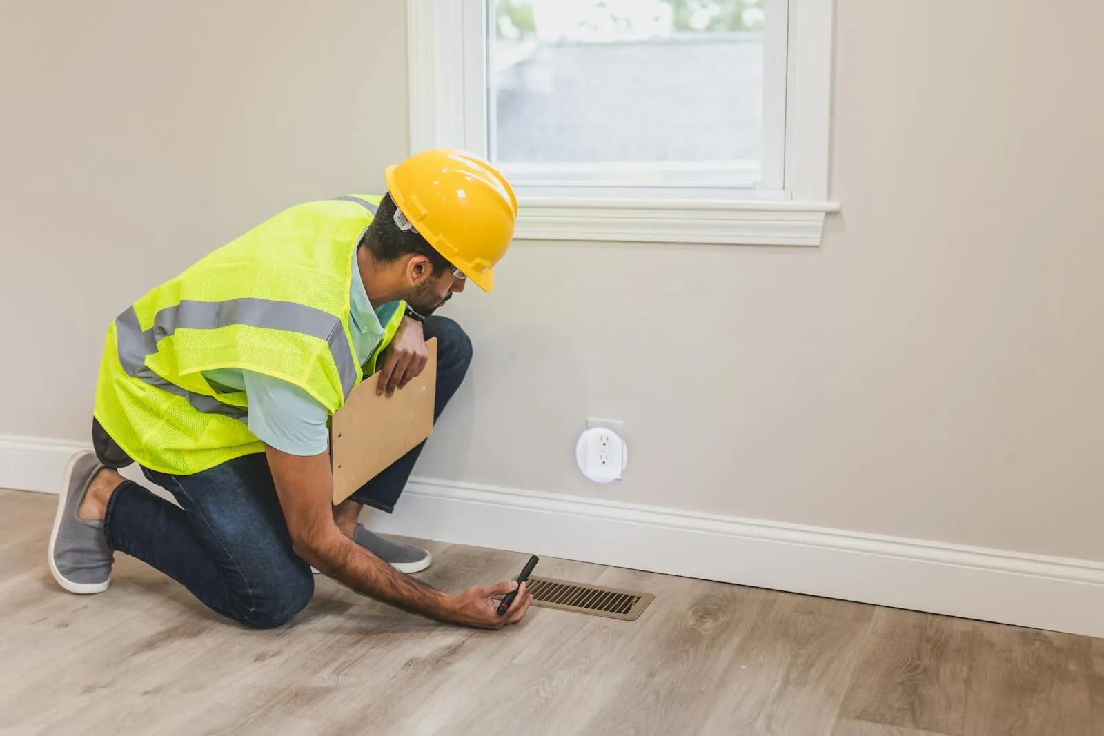 Technician inspecting an indoor floor vent in a home